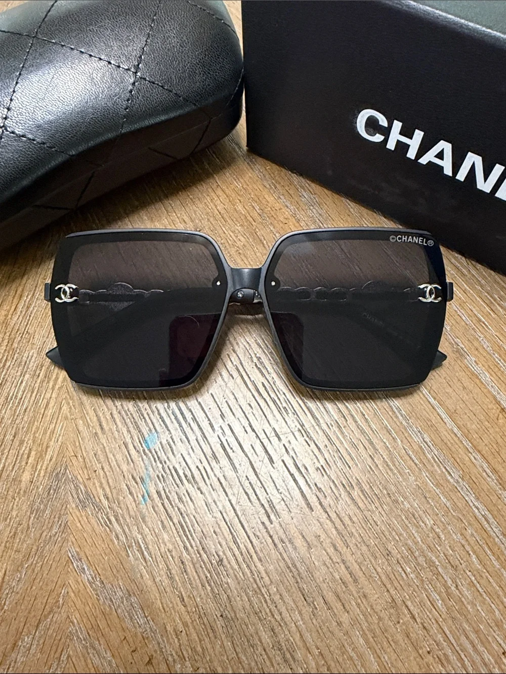 CHANEL Black & Silver Oversized Square Sunglasses with CC Logo